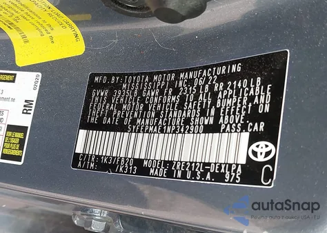 2022 Toyota Corolla Le из США, поврежденный, VIN 5YFEPMAE1NP342900